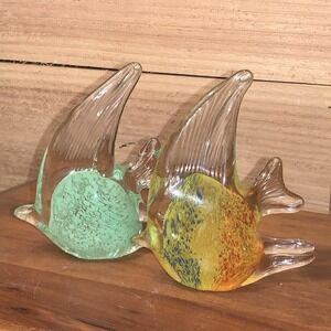 Pair Colored Glaze Art Glass Angel Fish Glass Figurines Blown Glass Paperweight